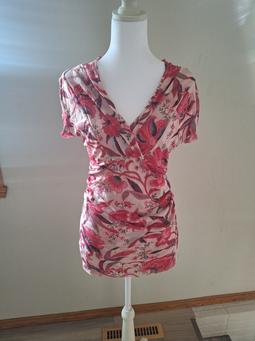 Sweet Pea Pink Floral Wrap-Style Tunic Top